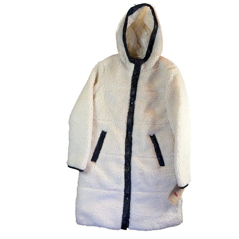 Levi's Sherpa Hooded Long Coat Women XS Cream Faux Leather Trim LW2RS136 - Picture 2 of 14
